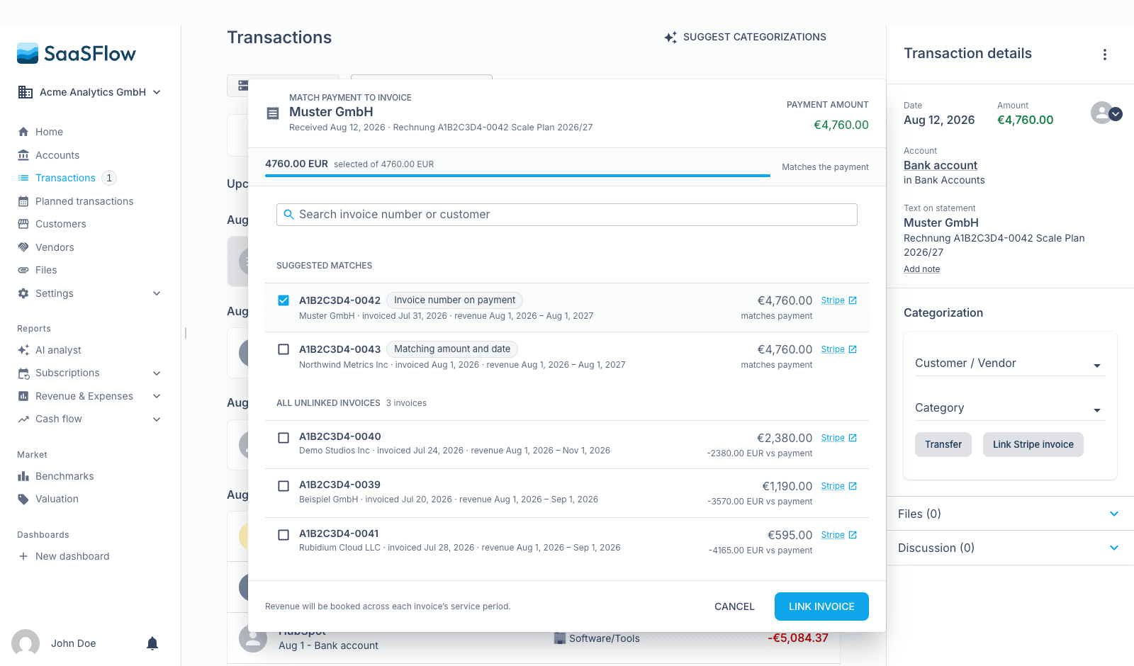 Match bank payments to Stripe invoices
