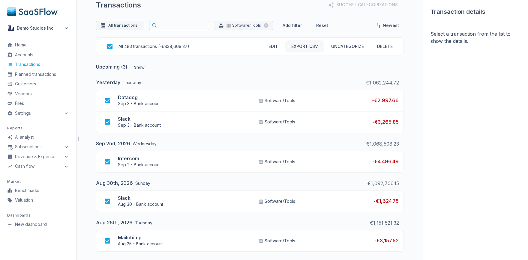 Export selected transactions as CSV